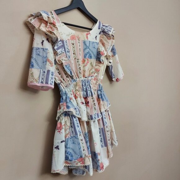 Yvonne  Love Patchwork short sleeve ruffled accent mini dress - Picture 2 of 8